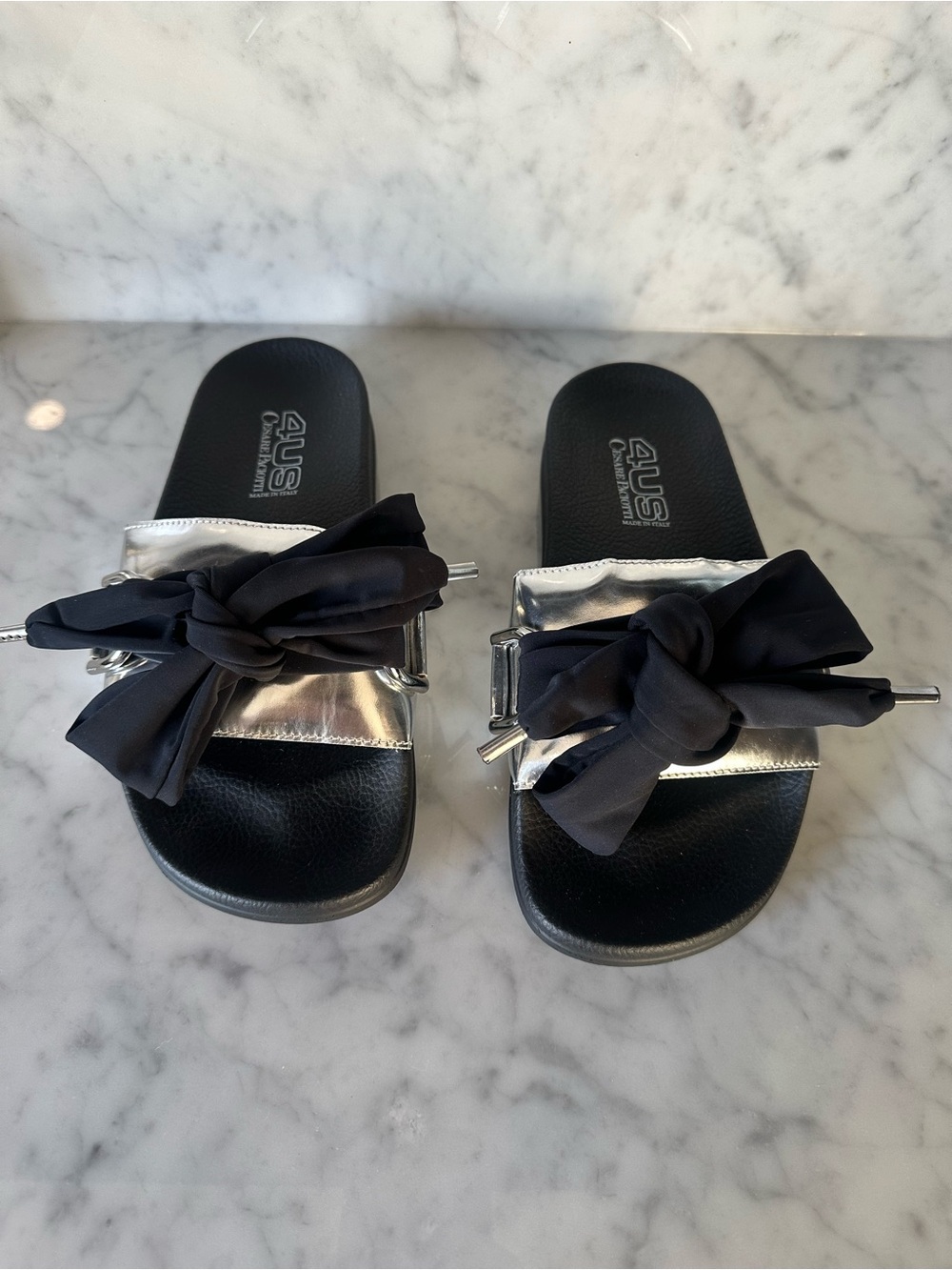 Cesare Paciotti Black Footbed with Silver Metallic Strap Slide